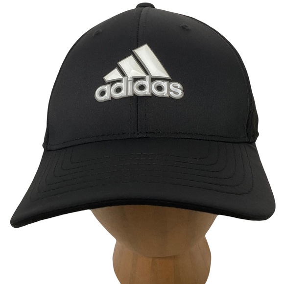 Adidas Golf Flexfit Black Hat White Adidas Logo w/Grey Stripe on back Size S/M - Picture 1 of 16